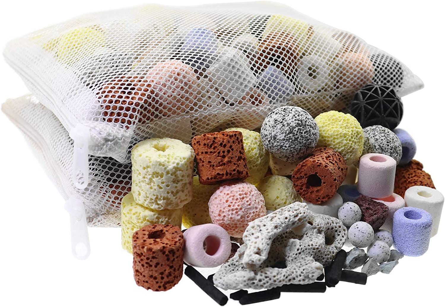2 Pack/Set Aquarium Fitler Media 12 in 1 Filter Material Mixing Aquarium Bio Balls Filter Media, Pond Bio Filter Media with Mesh Bag Applicable to Fresh Water and seawater (500g*2 Pack/Total 1kg)