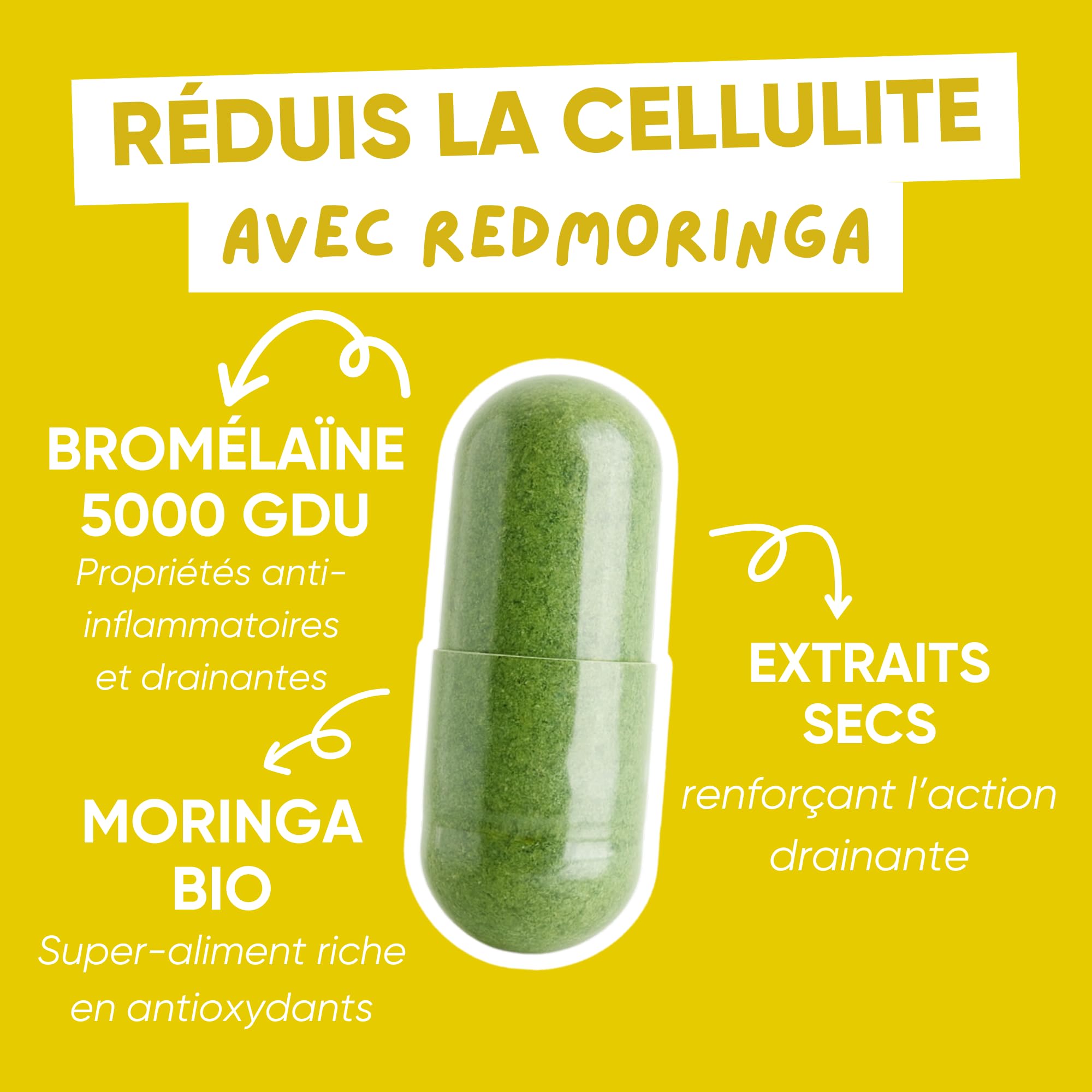 Anti Cellulite puissant avec Bromélaïne 5000 GDU | Complément Drainant 100% Naturel - Contraste les Imperfections de la Cellulite et Rétention d'Eau - Ananas et Moringa BIO RedMoringa (60 Gélules)