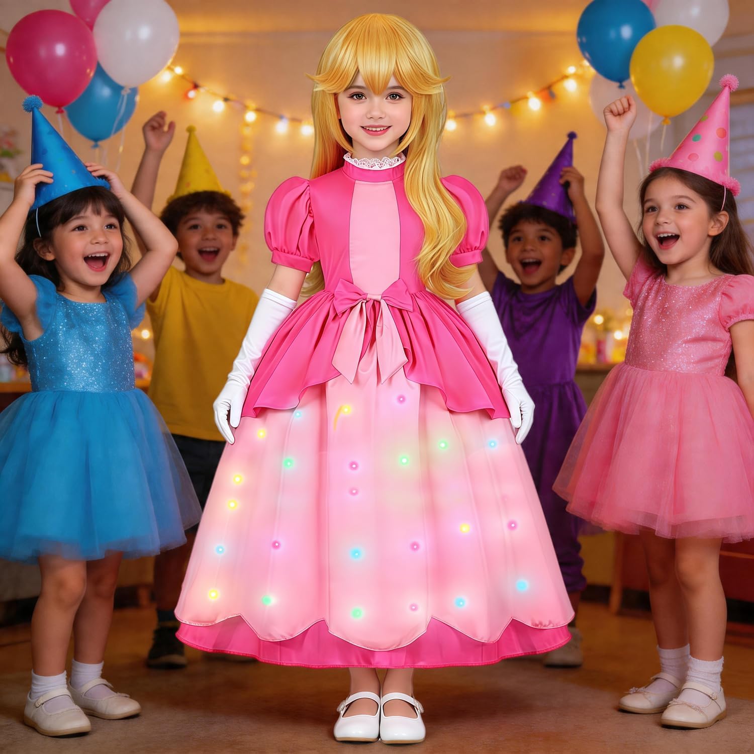 Girls Light Up Pink Princess Costume LED Princess Dress with Accessories Kids Halloween Dress Up Set Gown Toddler
