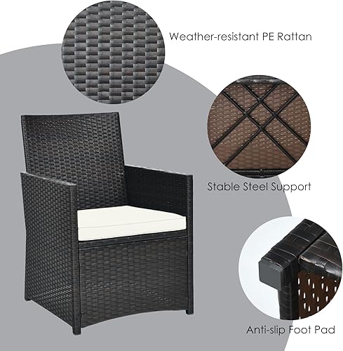 Miniatura 5 de HAPPYGRILL Juego de mesa de comedor de mimbre de polietileno de 3 piezas con sillas acolchadas, juego de conversación de patio para patio trasero,