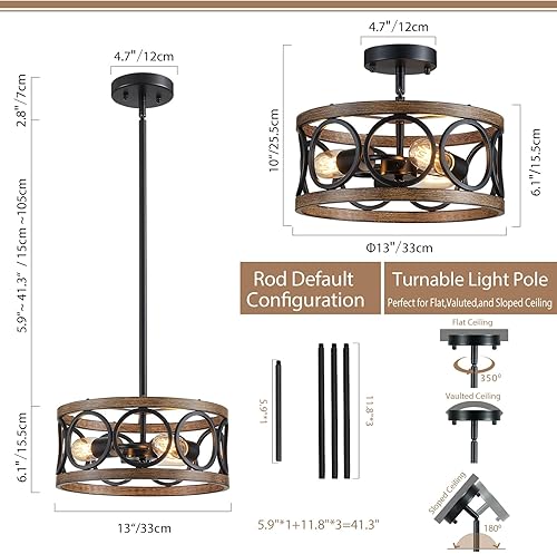 Miniatura 3 de Lámpara colgante de granja, lámpara de techo para dormitorio, pasillo, cocina, entrada, comedor, 3 lámparas colgantes de níquel y madera de grano de