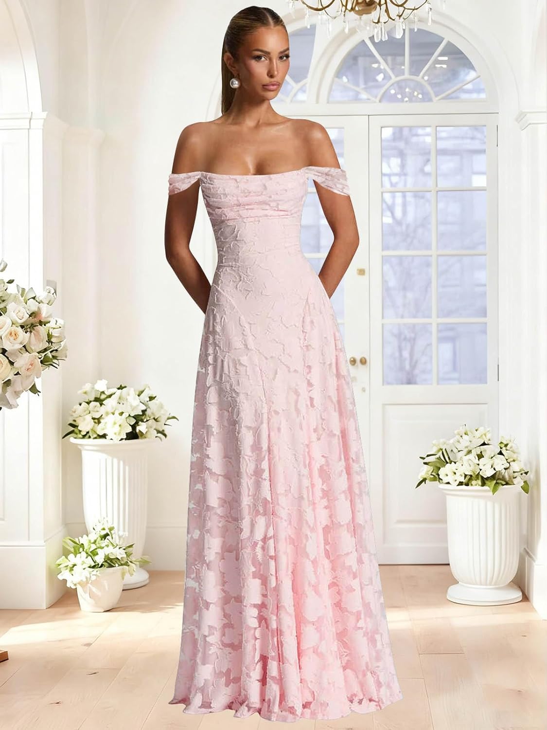 BOLENSYE Off The Shoulder Bridesmaid Dresses Long for Women Formal Evening Gown Lace Wedding Guest Dress