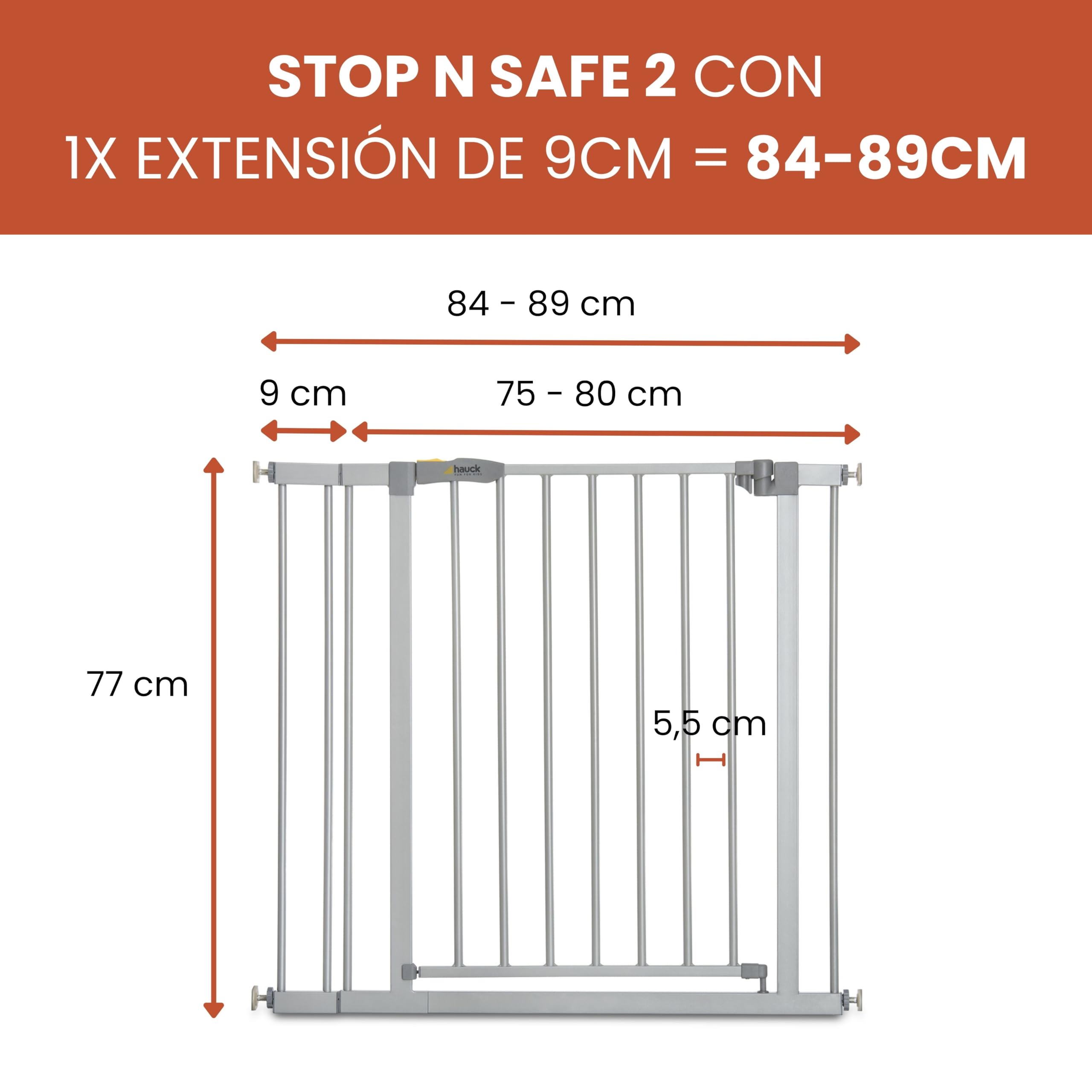 hauck Stop N Safe 2 Silver Barrera Seguridad Niños | Valla Infantil para Puertas y Escaleras de 84 a 89 cm – Sin Taladrar – Seguridad Bebé - Aptas como Vallas para Perros – Solo para Interiores