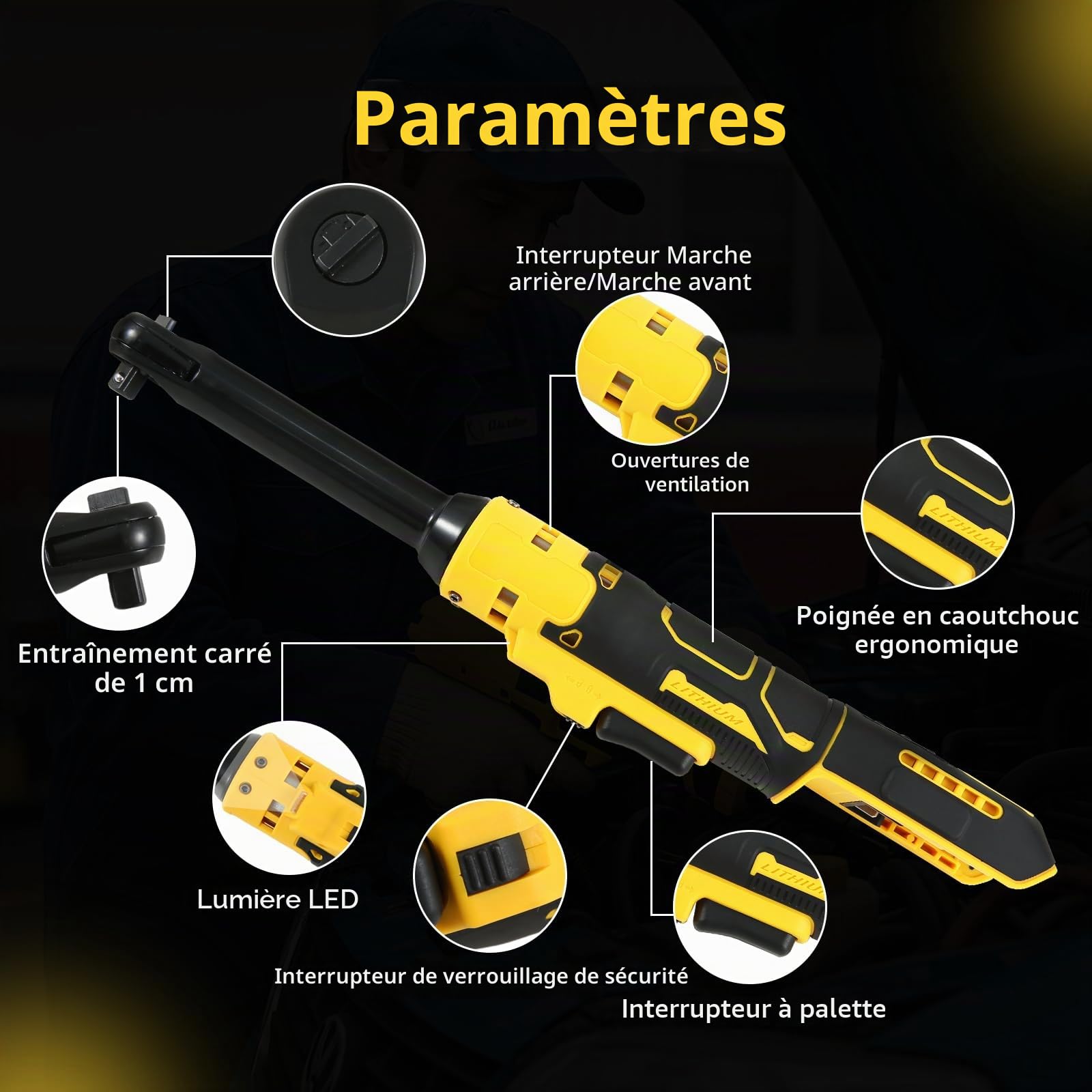 Clé à cliquet électrique sans fil étendue de 3/8" compatible avec batterie Dewalt 18 V 20 V, clé à cliquet 320 tr/min 80 N.m avec tête de 15,2 cm et lumière LED, avec 8 douilles et adaptateur 6,35 mm