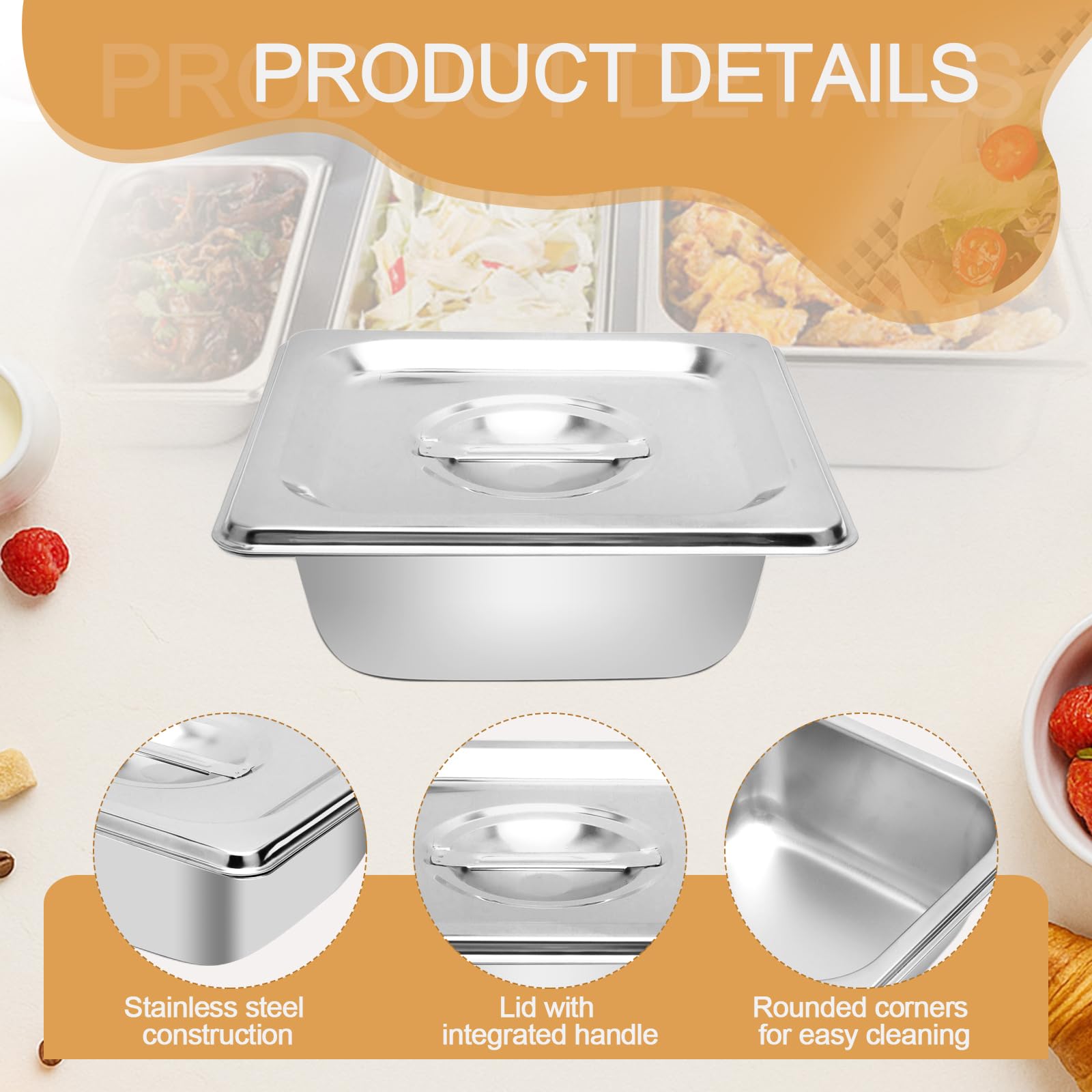 2 Pezzi Contenitori Acciaio Inox Gn 1/6, 17,5 x 16,2 x 6,5 Cm Contenitori Acciaio con Coperchio, Contenitore per Ristorante, Buffet, Festa