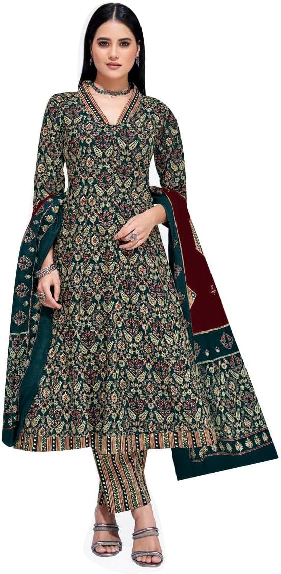 ladyline Womens 100% Cotton Anarkali Salwar Kameez Ethnic Printed | Flared Kurta Pants Set with Cotton Dupatta | Indian Dress
