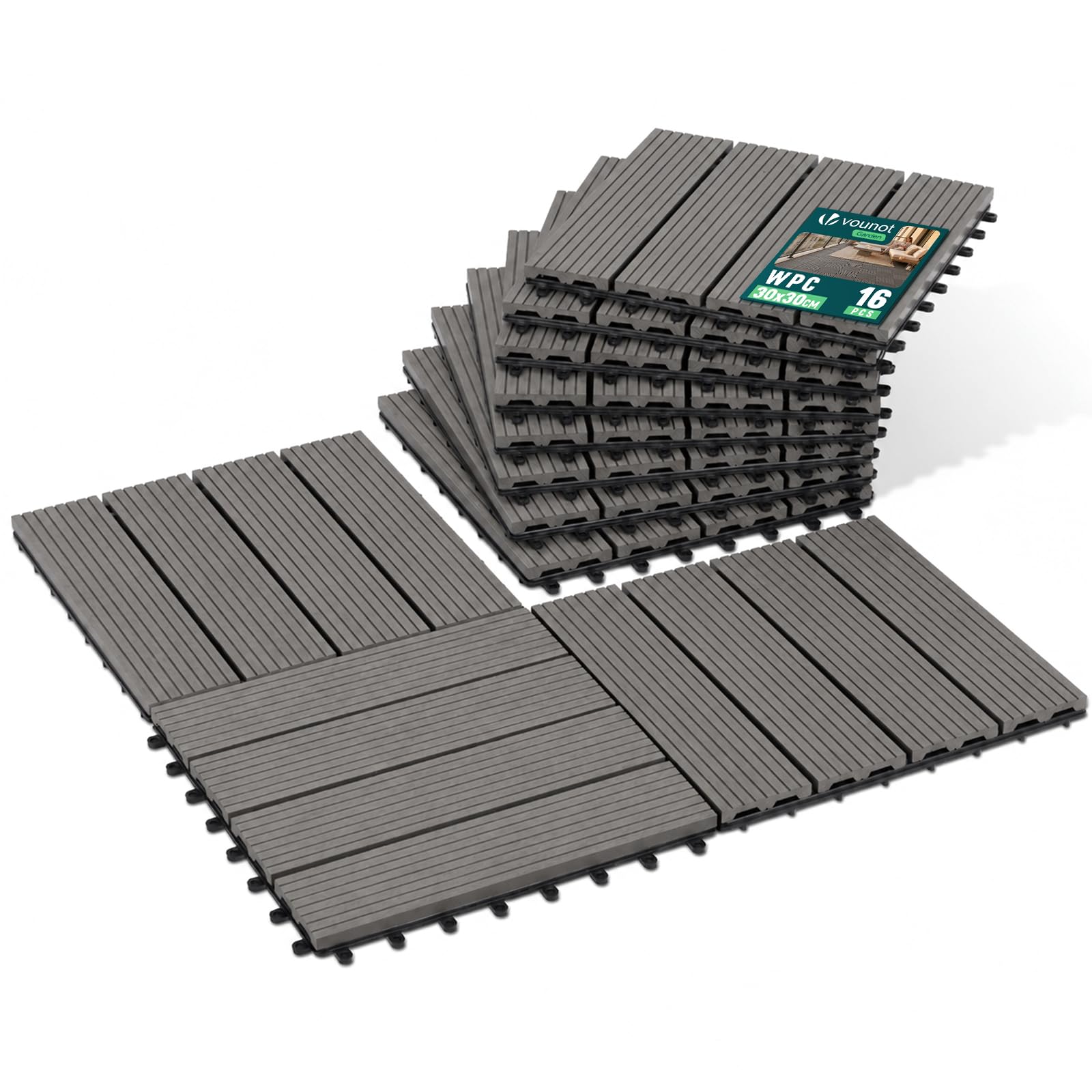 VOUNOT® WPC Decking Tiles Set of 16, Interlocking Terrace Deck Tiles, Anti-Slip Waterproof Outdoor Garden Patio Balcony Flooring, 30 x 30 cm, Grey