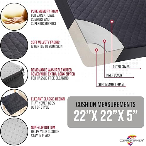 Miniatura 2 de Cojín cuadrado de espuma viscoelástica grande de 22 x 22 x 5 pulgadas para sillas reclinables, sillones, sofás, cojín de suelo, ciática, alivio del