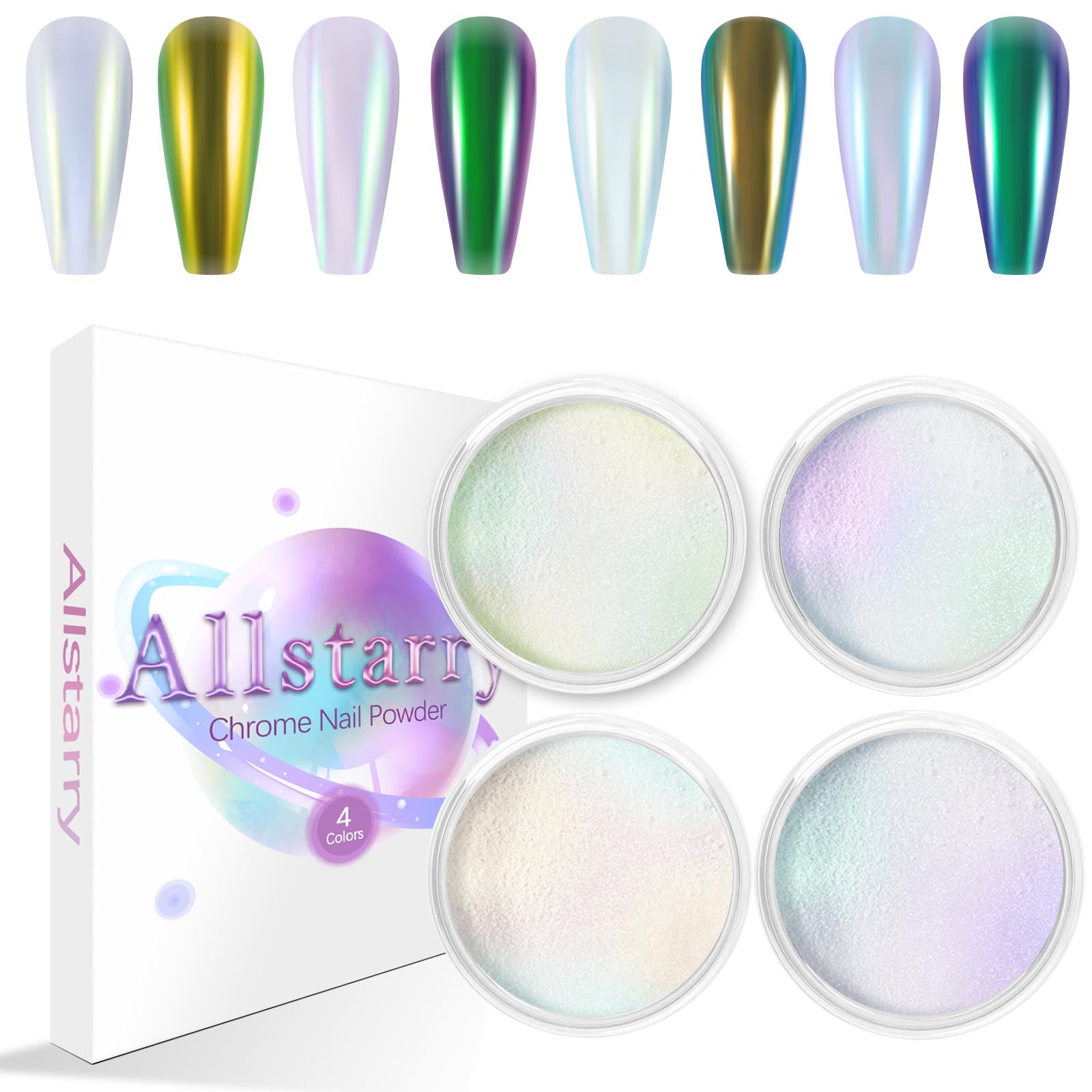 Allstarry White Chrome Nail Powder, 4 Pieces Colour Shift Chameleon Mica Powder Aurora Chrome Effect Glitter Dust Iridescent Pearlescent Pearl Pigment for Gel Polish Nail Art Decoration, Resin Craft