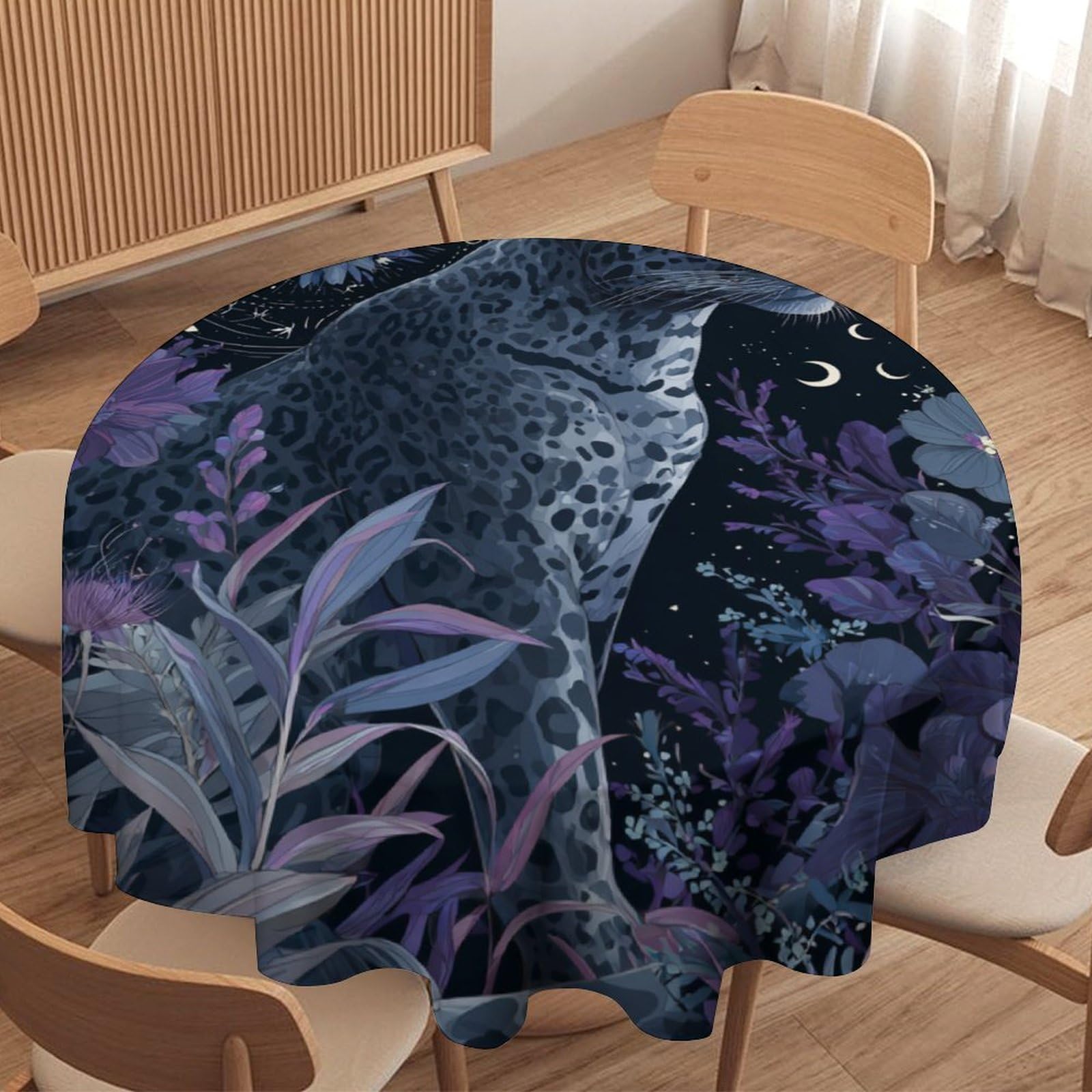 LUYYSKY Rustic Exotic Boho Leopard Waterproof Round Tablecloth Classic Watercolor Plant Floral Animal Leopard Moon Star Print Washable Table Cover for Kitchen-177.8" Wx177.8 L cm