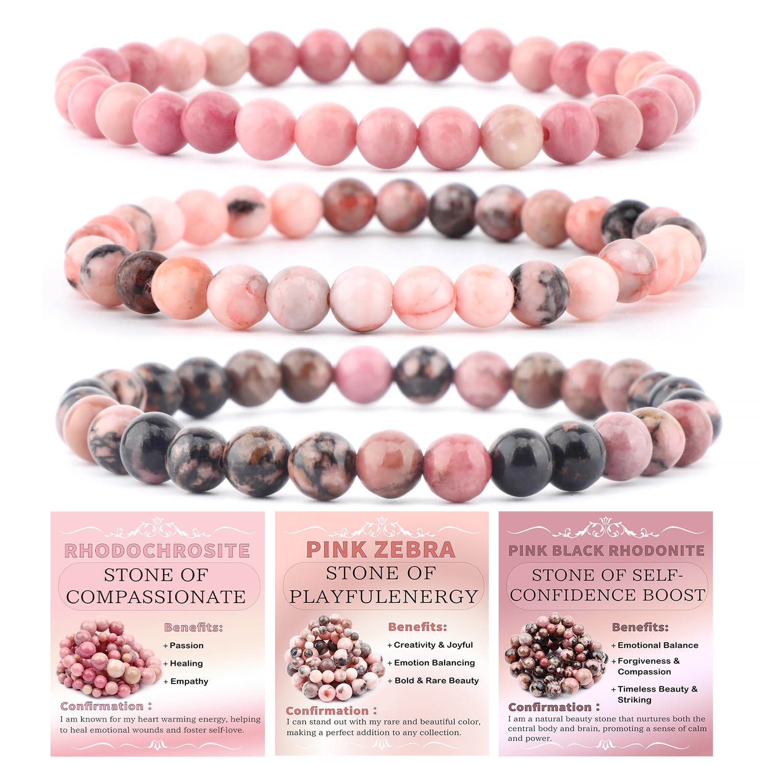 NCB Natural Crystal Gemstone Stretch Bracelets 6mm (3-Pack) | Reiki Healing Energy - main product image
