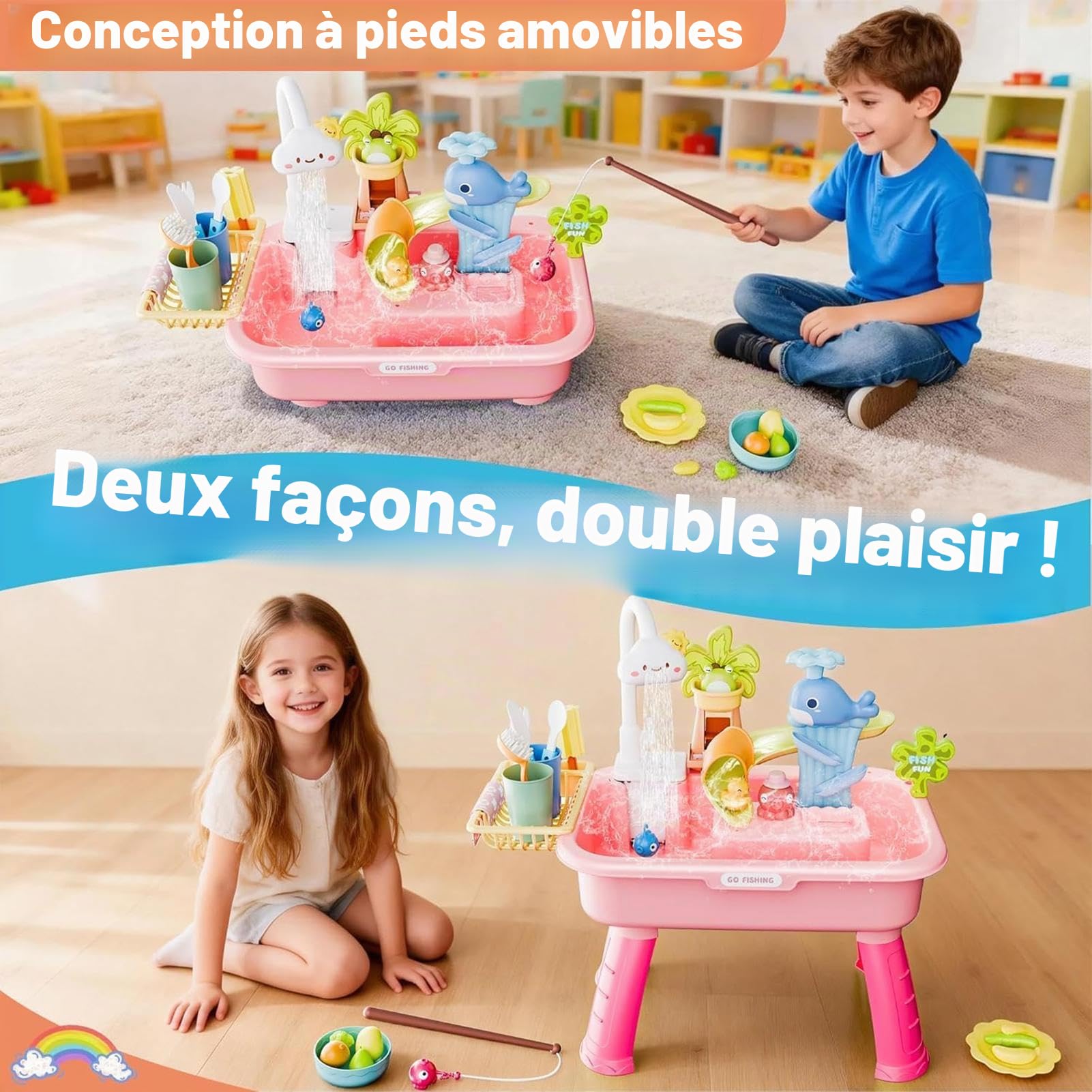 Table De Jeu 4-en-1 Pour En-fants Avec Pompe 54x29x53cm Table D'eau Enfant Exterieur Tables Exterieur Jouet Sur La Plage Arrière Tables D‘Eau Avec Ensemble D'accessoires Pour En-fants De 3 Ans Et Plus