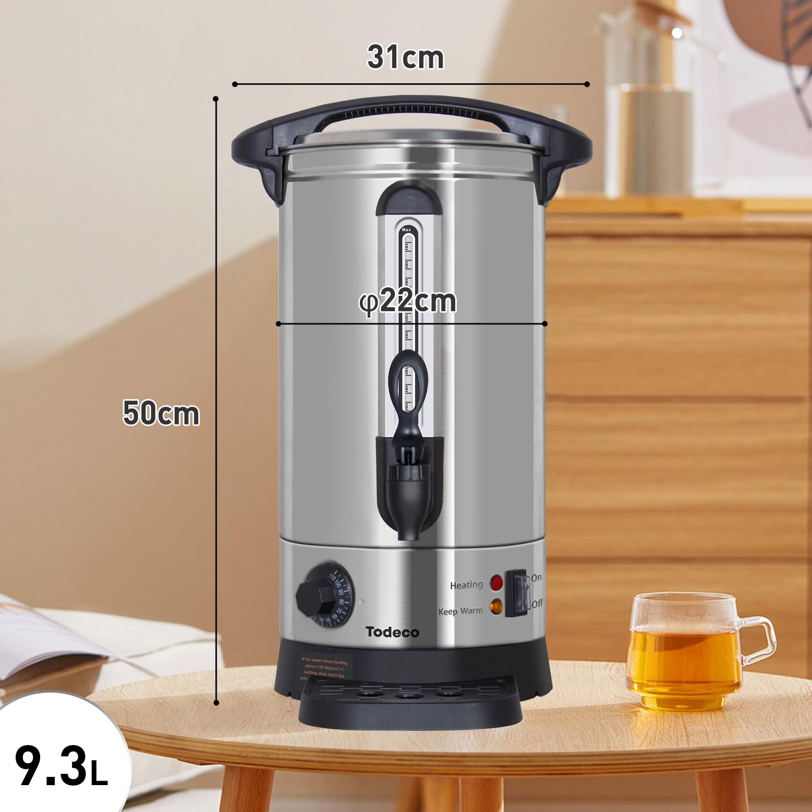 Todeco Bollitore per Vin Brulé 9,3 L, Macchina per Bevande Calde in Acciaio Inox, con Rubinetto, vaschetta di raccolta, termostato, Impostazione Della Temperatura 30-110°C, 1500 W