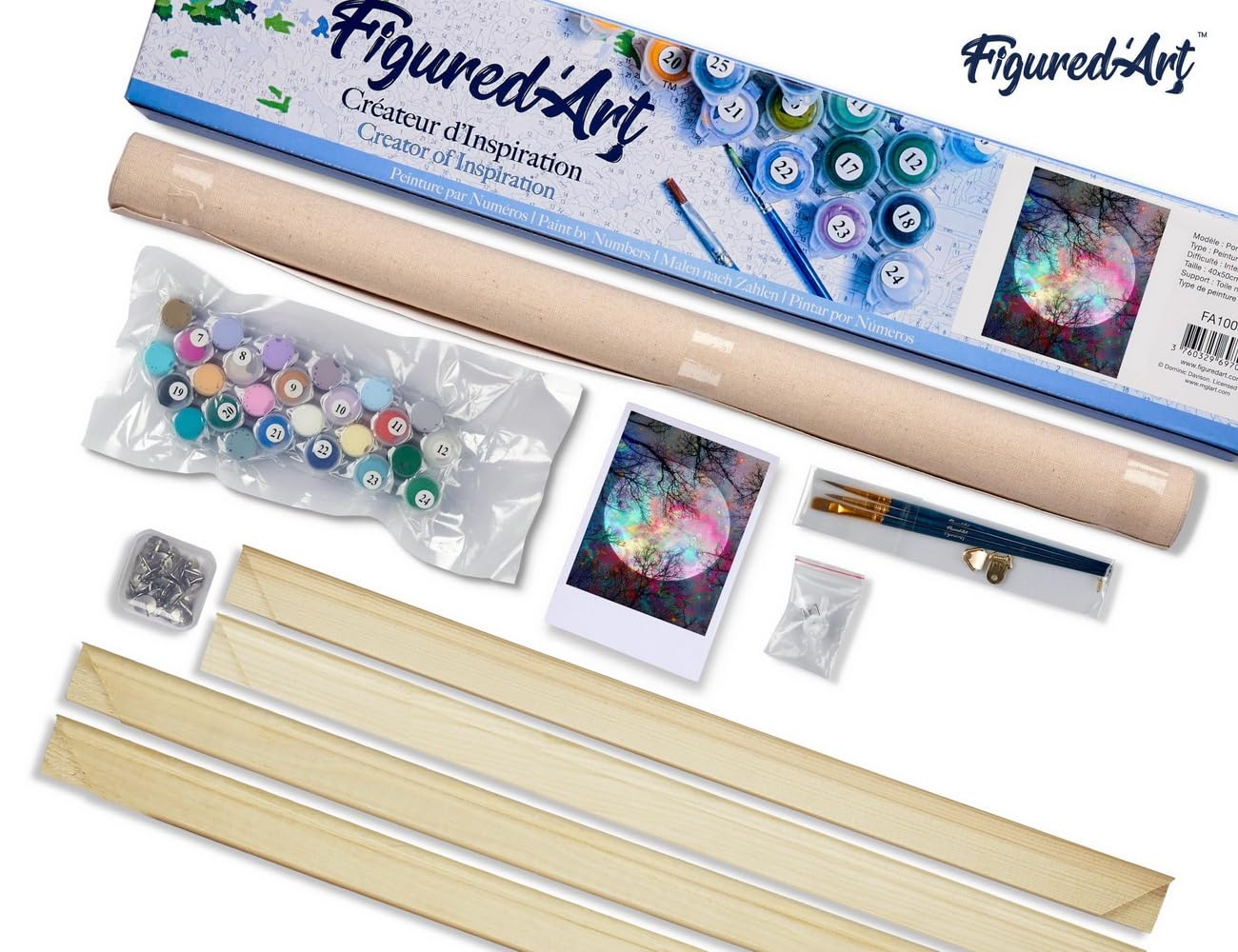 Figured'Art Paint by Numbers Kit for Adults Full Moon with Colourful Reflections 16"x20" - Craft Art Painting Rolled Canvas with DIY Wooden Frame