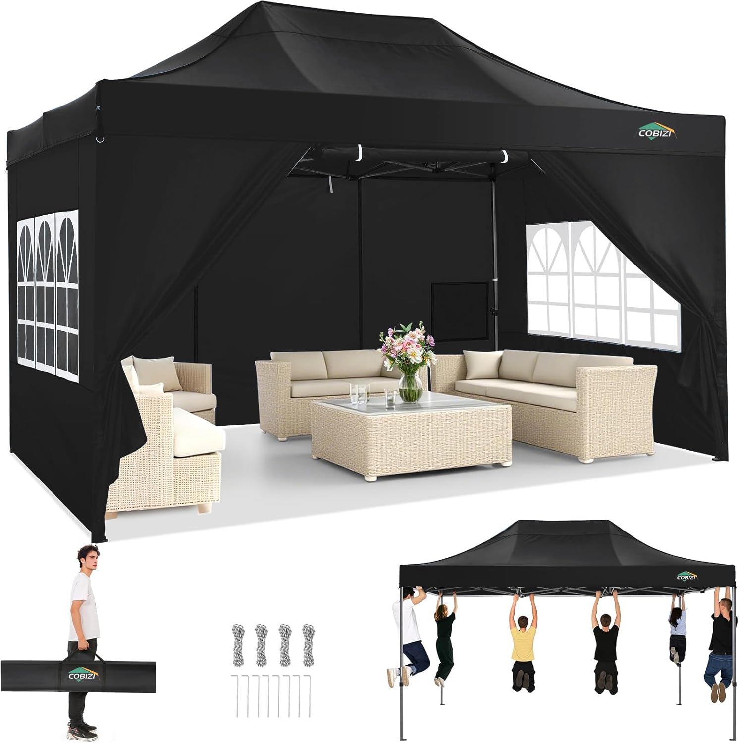 COBIZI 10x15 Heavy Duty Pop Up Canopy Tent with 4 Sidewalls Thicken Frame, Commercial Easy Up Outdoor Wedding Party Tents, All Season Waterproof Windproof with Stakes Sandbags Ropes Bag, Black