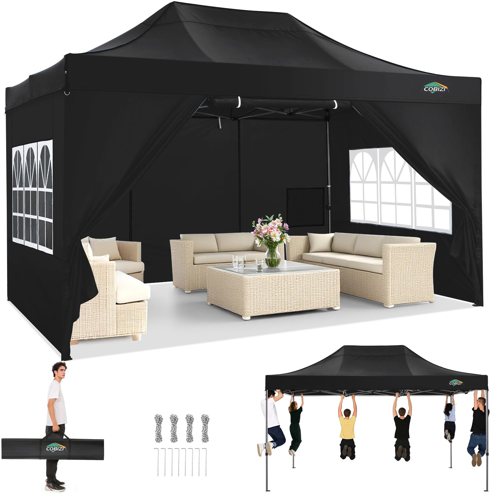 Photo 1 of COBIZI 10x15 Heavy Duty Pop Up Canopy Tent with 4 Sidewalls Thicken Frame, Commercial Easy Up Outdoor Wedding Party Tents, All Season Waterproof Windproof with Stakes Sandbags Ropes Bag, Black