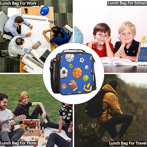 Miniatura 5 de Lonchera de baloncesto y fútbol para niños, bolsa de almuerzo deportiva de béisbol para niñas y niños, lonchera congelable con correa ajustable para