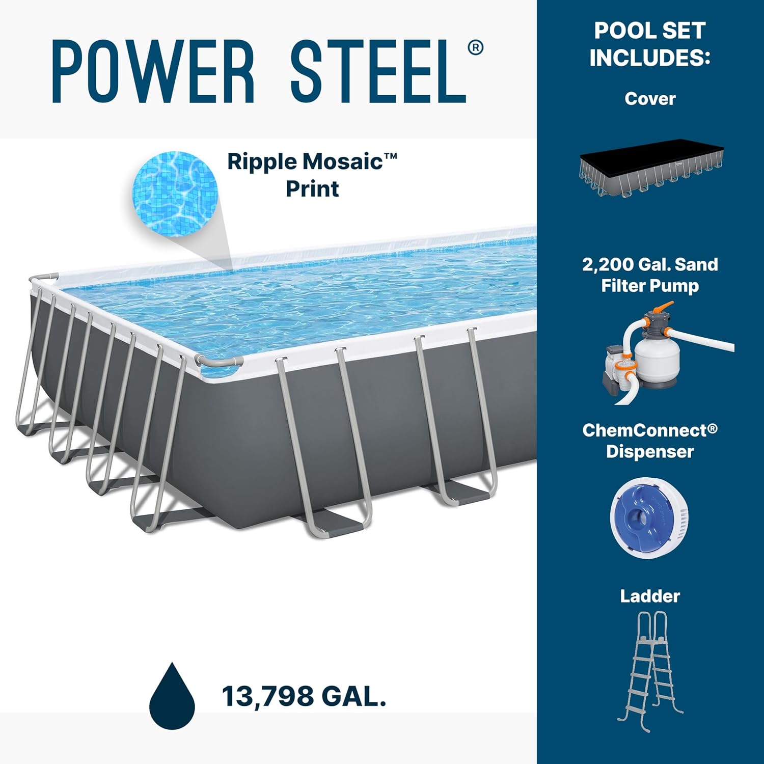 Bestway Power Steel 31’4" x 16' x 52” Above Ground Pool, Rectangular Metal Frame Outdoor Swimming Pool Set with Sand Filter Pump, Ladder, and Cover