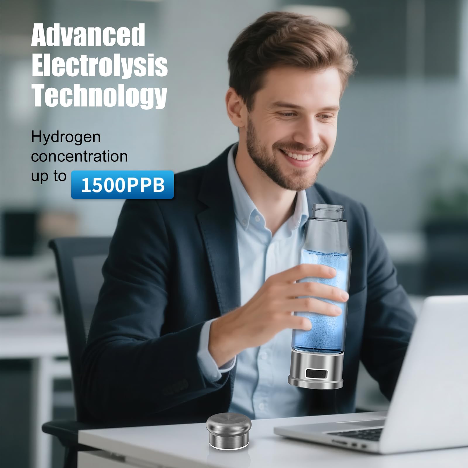 Botella de agua de hidrógeno de electrólisis de 5 minutos, 15 onzas, ionizador de agua de 1500 PPB con tecnología SPE/PEM, botella de agua de hidrógeno para mujeres/hombres/oficina/escuela