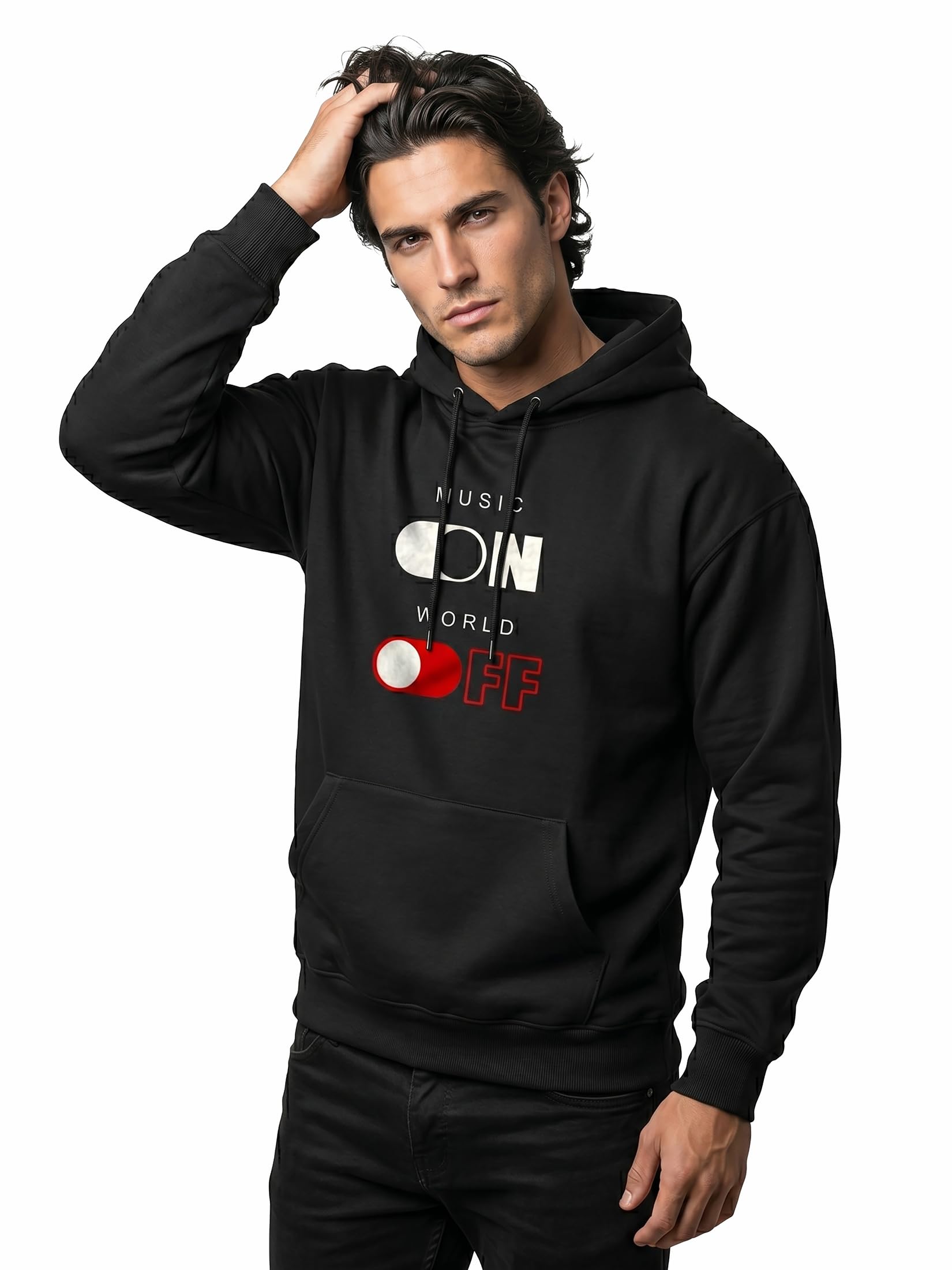 MAKAYA Felpa con Cappuccio Uomo con Scritta Music On World off Hoodie DJ Hip Hop Techno House Streetwear