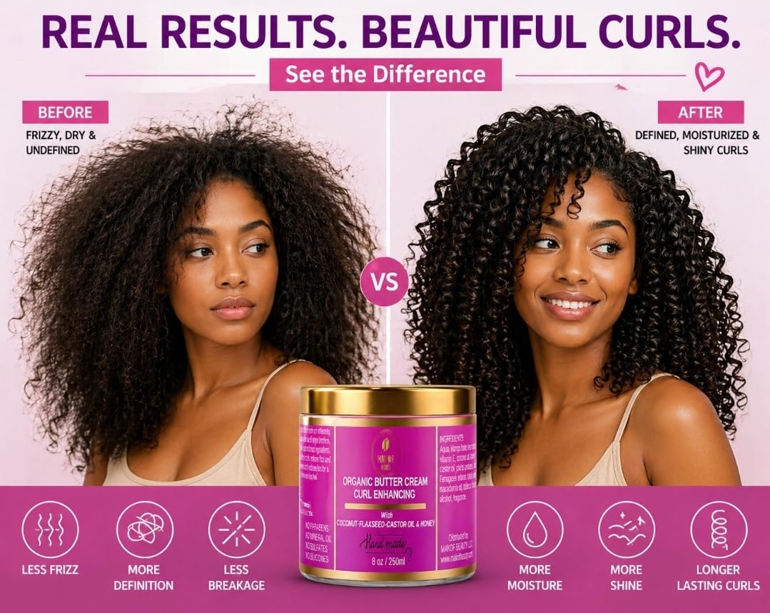 Organic Coconut Curl Enhancing Cream with Flaxseed, Black Castor Oil. Curls Detangler, Moisture-rich, Curl Revival Cream. Anti-Frizz, Defines All Curl Types & textures. Sulfate & Parabens free. 8 oz