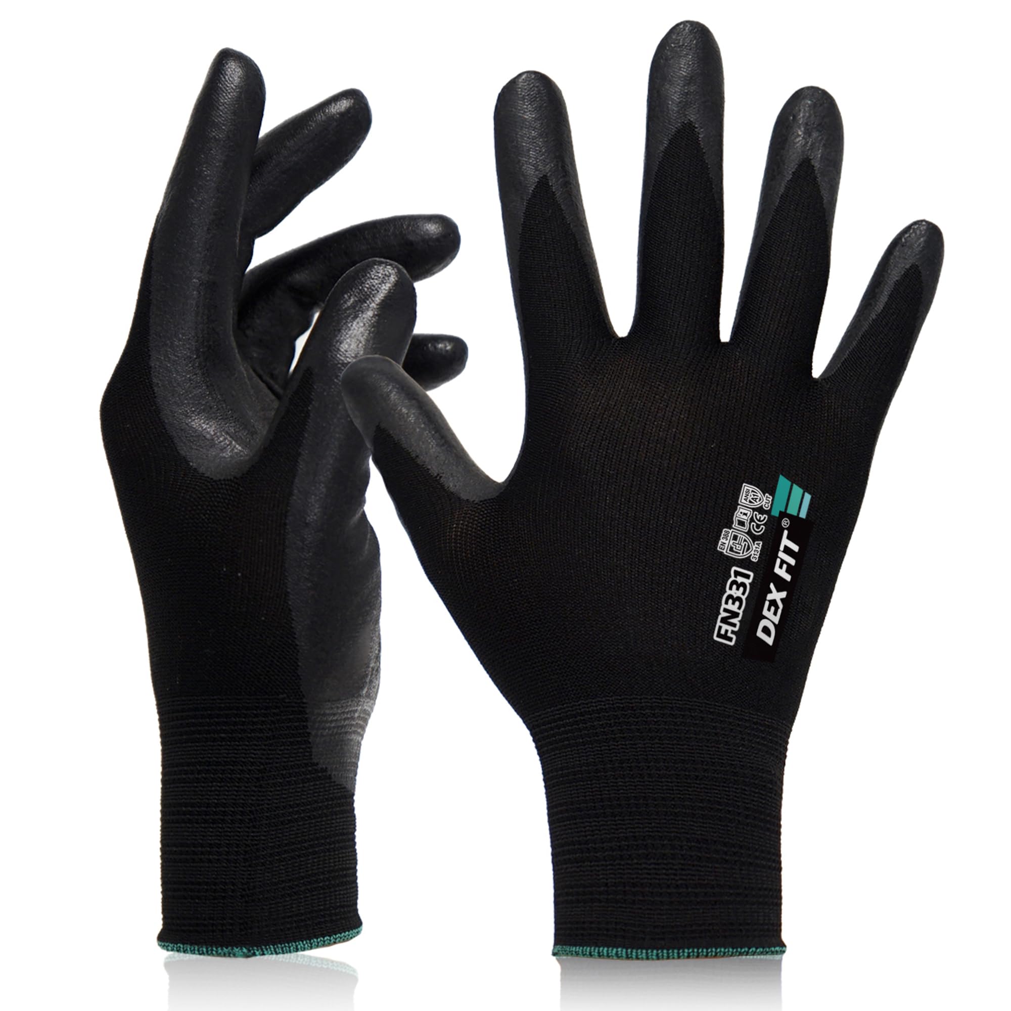 DEX FIT Premium Work Gloves FN331-3D Comfort Fit, Power Grip, Thin & Breathable, Touchscreen - Mechanic, Tactical, Police, Security Gloves for Men & Women; Black, XS (6), 1 Pair