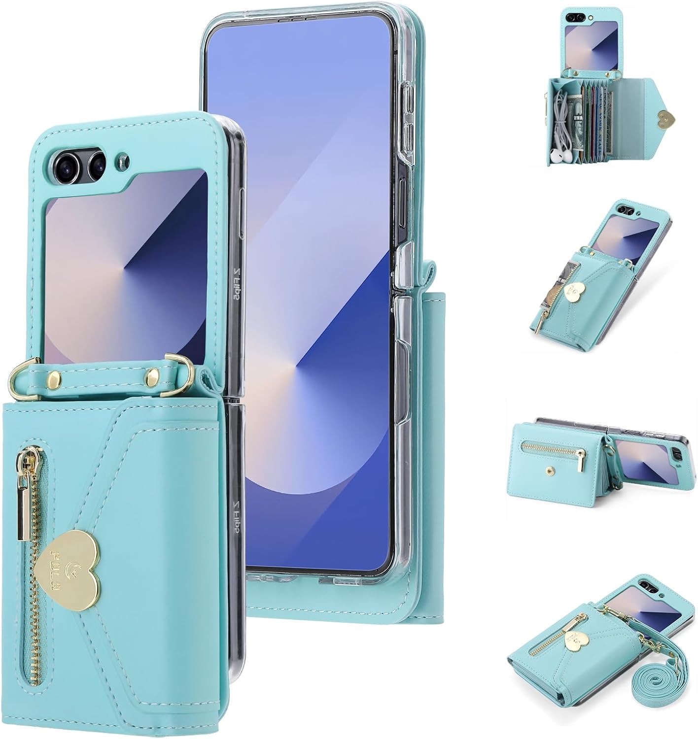 for Samsung Galaxy Z Flip 6 Case with Love Flip Wallet, Large Capacity for 8 Card Slots, and Long Strap - a Mini, Fashionable Crossbody Bag for Young, Stylish Women Shopping(Z Flip 6,Blue)
