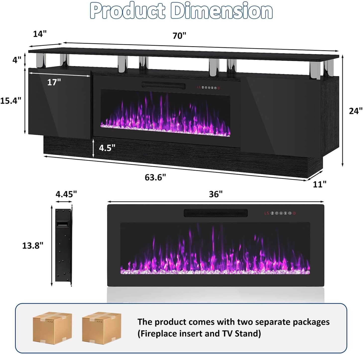 PUKAMI 70" Fireplace TV Stand, LED Light Entertainment Center with 36" Electric Fireplace, 2 Tier Modern Wood Media TV Console with Highlight Storage Cabinet for Living Room, Black