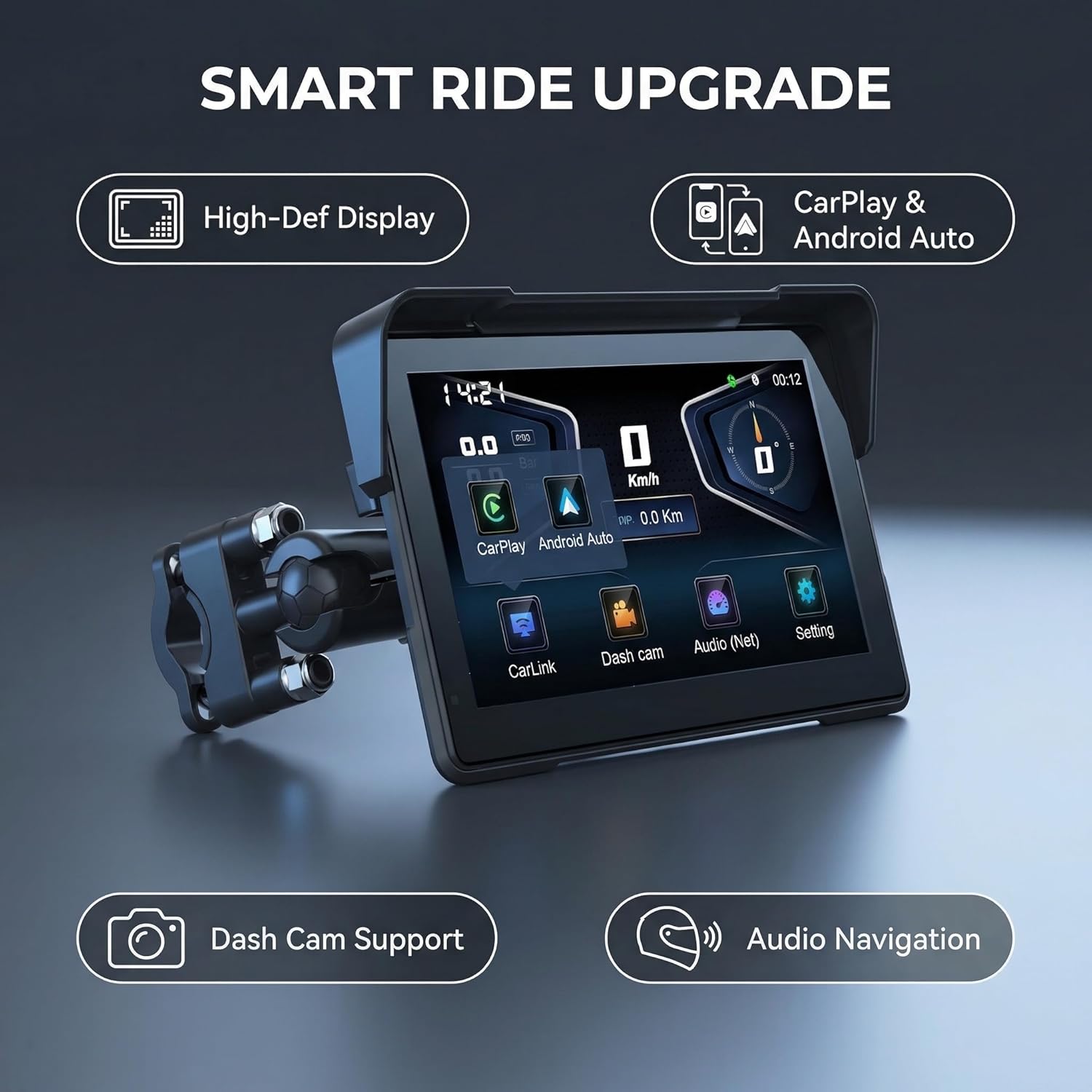 Motorcycle CarPlay Screen, 7 Inch Waterproof Touch Screen for Motorcycle, Wireless Apple CarPlay Android Auto, GPS Navigation Bluetooth FM IP67