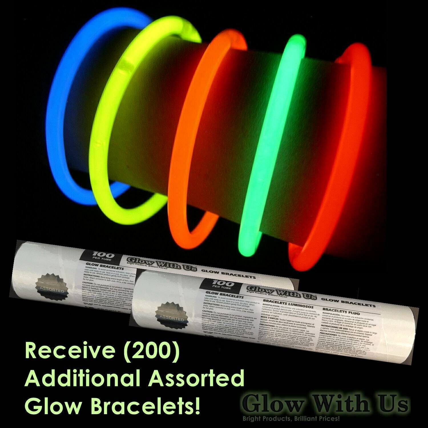 Glow With Us Glow Sticks Bulk Wholesale, 200 6” Industrial Grade Light Sticks+200 Free Glow Bracelets! Assorted Bright Colors, Glow 12-14 Hrs, Safety Glow Stick with 3-Year Shelf Life, Brand