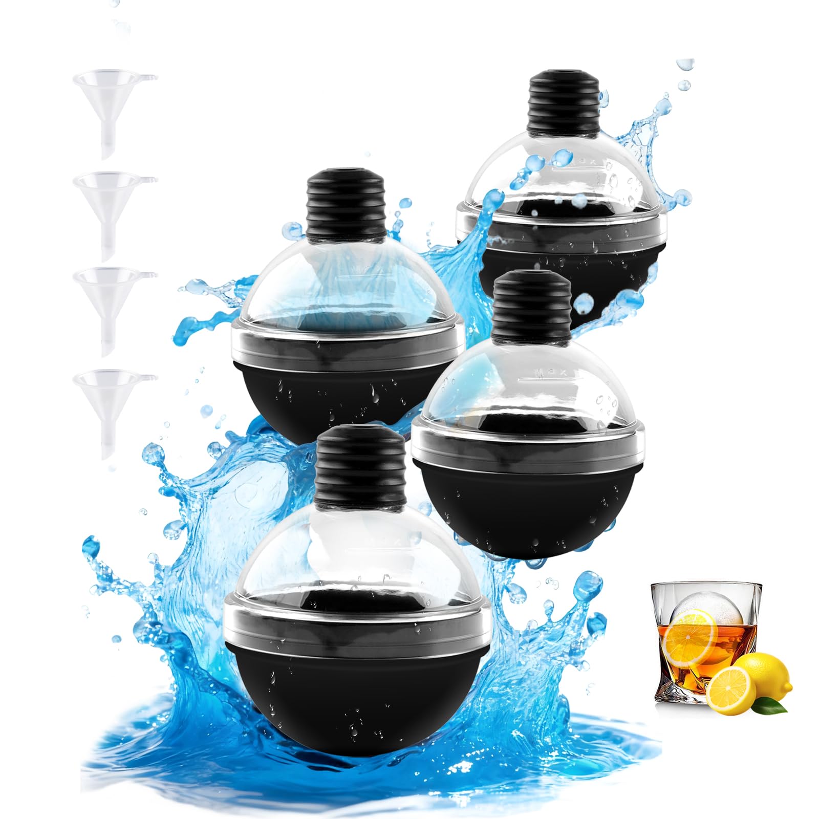 Round Ice Cube Mold - Set of 4 Large Ice Ball Maker Mold For Whiskey Cocktails BPA Free