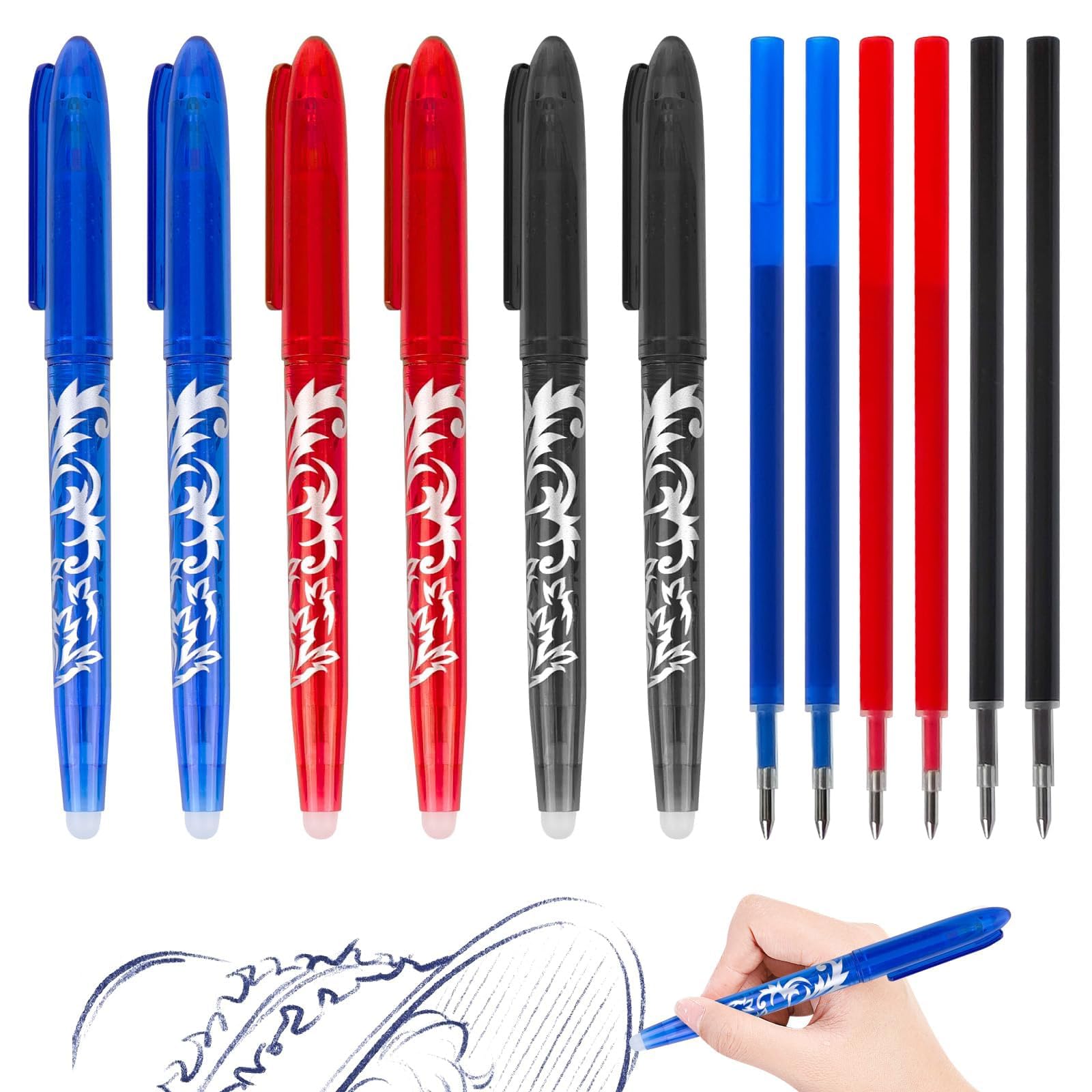 Bolígrafo de gel borrable, 6 bolígrafos borrables, 6 minas intercambiables, azul, negro y rojo, 0.5 mm, para adultos, niños y estudiantes