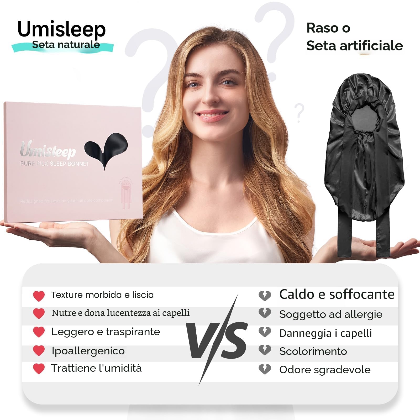 Umisleep 22 Momme 100% Seta di gelso, Double Face, Morbido Berretto da Notte per Capelli voluminosi, Traspirante, Fascia Larga Regolabile