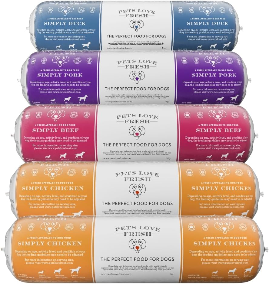 Healthy & Tasty Fresh Dog Food by Pets Love Fresh - 100% Natural - Real British Meat - Zero Preservatives - Variety Pack - Chicken, Pork, Beef & Duck (8 x 1kg chub rolls)