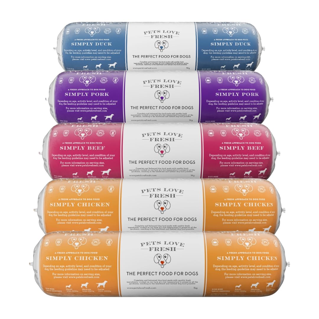 Pets Love FreshHealthy & Tasty Fresh Dog Food by Pets Love Fresh - 100% Natural - Real British Meat - Zero Preservatives - Variety Pack - Chicken, Pork, Beef & Duck (8 x 1kg chub rolls)