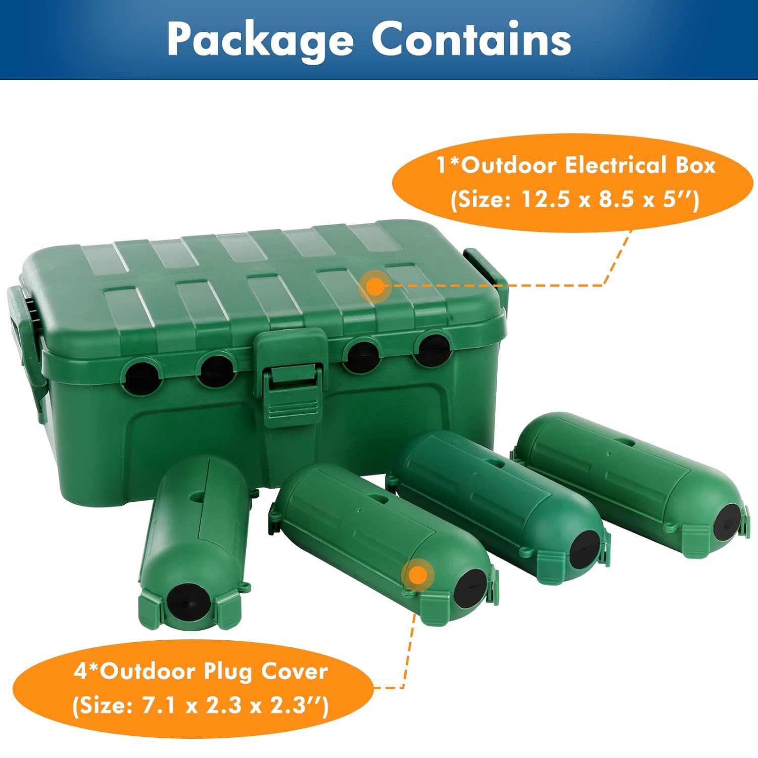 RESTMO Outdoor Waterproof Box and 4 Pack Outdoor Plug Cover Weatherproof, Protect Extension Cord, Electrical Connection, Power Strip, Timer Outlet, Christmas Light, Holiday Decoration, Green
