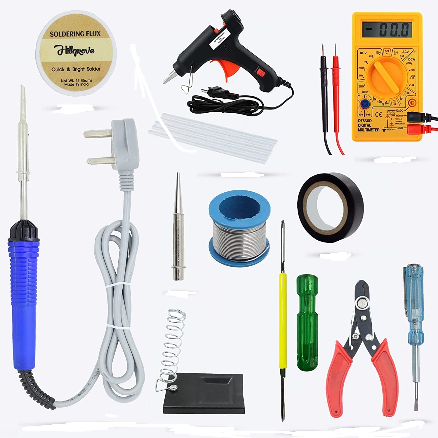 Hillgrove HGCM418M1 Electric 12in1 Mobile Soldering Equipment Tool Machine Glue Gun Combo Kit Set with Digital Multimeter and 2in1 Screwdriver 25 W Simple (Flat Tip)-image-10