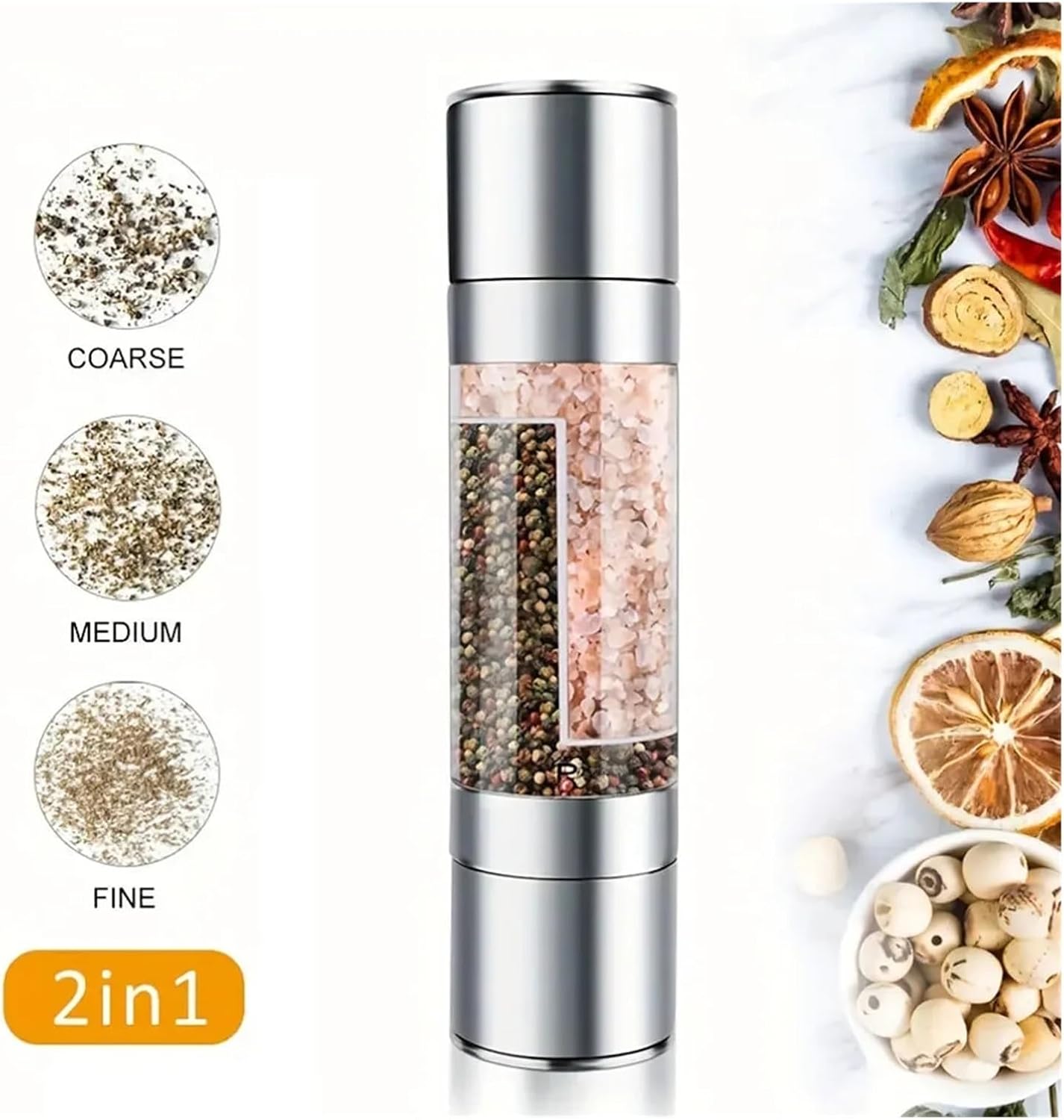 Manual Stainless Steel Salt And Pepper Grinder, Adjustable Ceramic Grinding Spice Mill, Kitchen Tool, 2 In 1(Plastic shell)