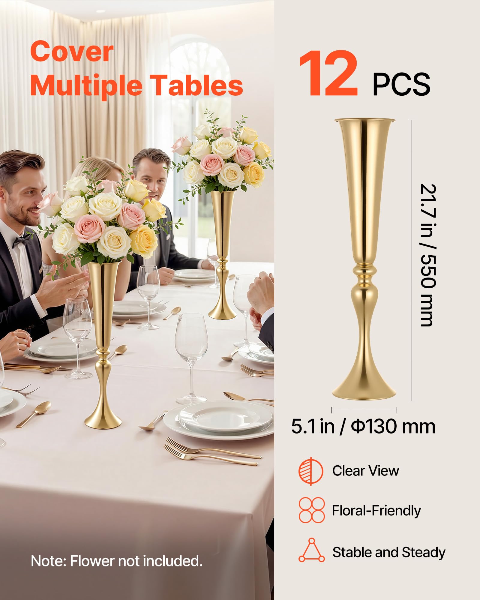 VEVOR Set di 12 Vasi Decorativi Centrotavola per Matrimonio in Metallo, 12 Vasi Supporto per Composizioni Floreali Altezza 55 cm per Decorazioni Banchetti Feste Casa, Finitura Galvanizzata Oro