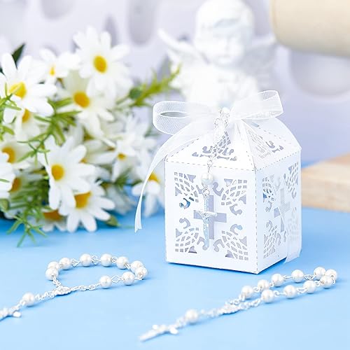 Miniatura 3 de Taiyin Juego de 300 piezas de rosarios para bautizo a granel, pulsera de rosario acrílico, cuentas de perlas sintéticas con bolsa de organza y cajas