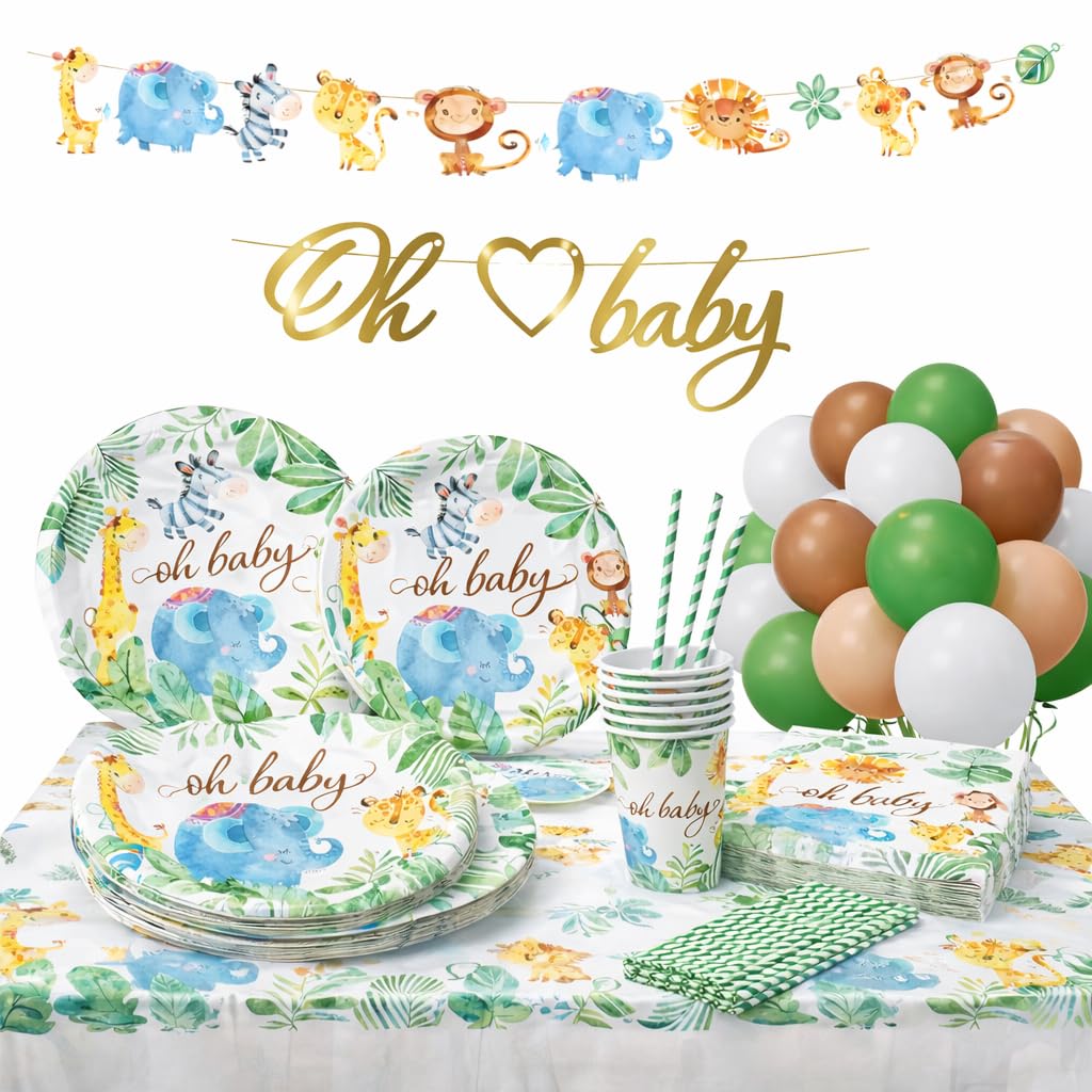 Serves 24 Oh Baby Safari Ultimate Party Pack Includes Plates Cups Napkins Table Covers Banners Straws Balloons Ideal for Baby Shower Gender Reveal