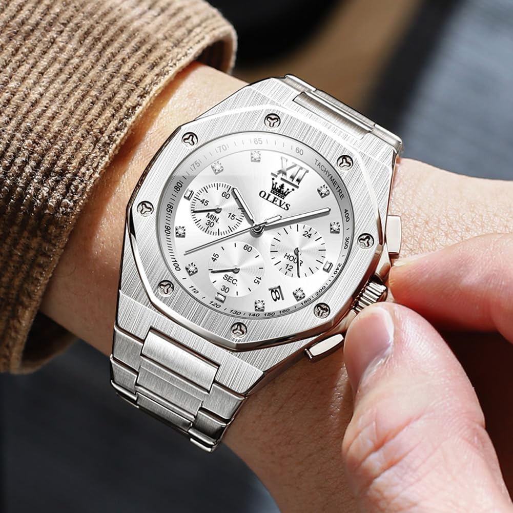 OLEVS Octagonal Watches for Men, Classic Stainless Steel Large Face Mens Dress Watches, Casual Waterproof Quartz Watches for Men, White/Black/Blue/Gold Dial - Image 2