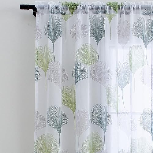 Linentalks Green Leaf Curtains for Living Room, Scandinavian Pattern Sheer
