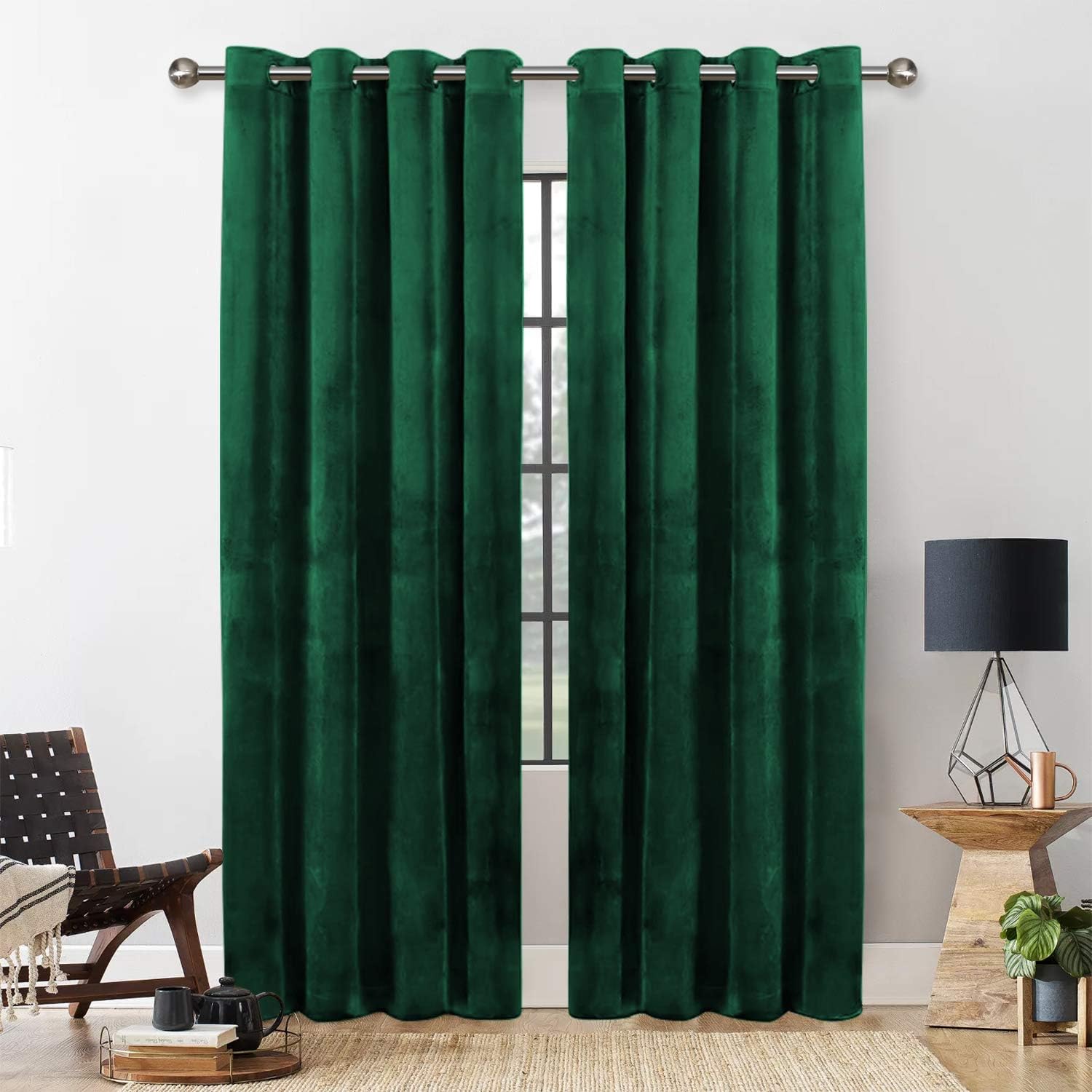 Yorkshire Bedding Blackout Curtains for Bedroom 66X84 Green Curtains Thermal Insulated Room Darkening Ring Top Velvet Curtains 2 Panels with Tiebacks