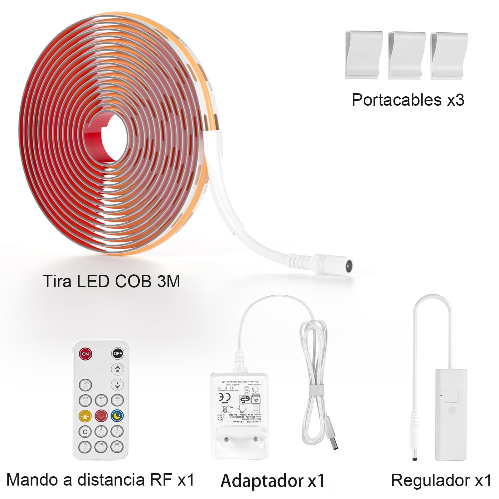 WOBANE Tira Led COB Blanco Cálido 3000K, Luces Led 3 Metros con Control Remoto Regulable,Tiras Led Cocina Bajo Mueble con Alimentación para Habitacion,Escaparate,Gabinete