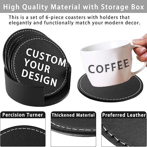 Miniatura 3 de Portavasos personalizados, juego de 6 posavasos de cuero para bebidas con soporte, nombre de bricolaje, fotologotipo, antideslizante, resistente al