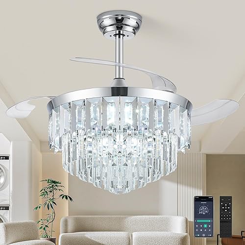Miniatura 13 de Ventilador de Techo con Luz Fandelier, 42" Ventiladores de Techo Retráctiles con Luces Araña de Cristal, Ventilador Araña LED Regulable para 121