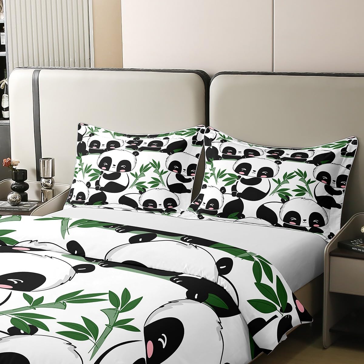 Kids Cartoon Panda Door 100% Cotton Duvet Cover Cute Animal Rugs for Living Room BedBedspread CoverKawaii Panda Bedding Set Set Green Banboo Panda Bear Printed White Comforter Cover Set Double Size - Image 4