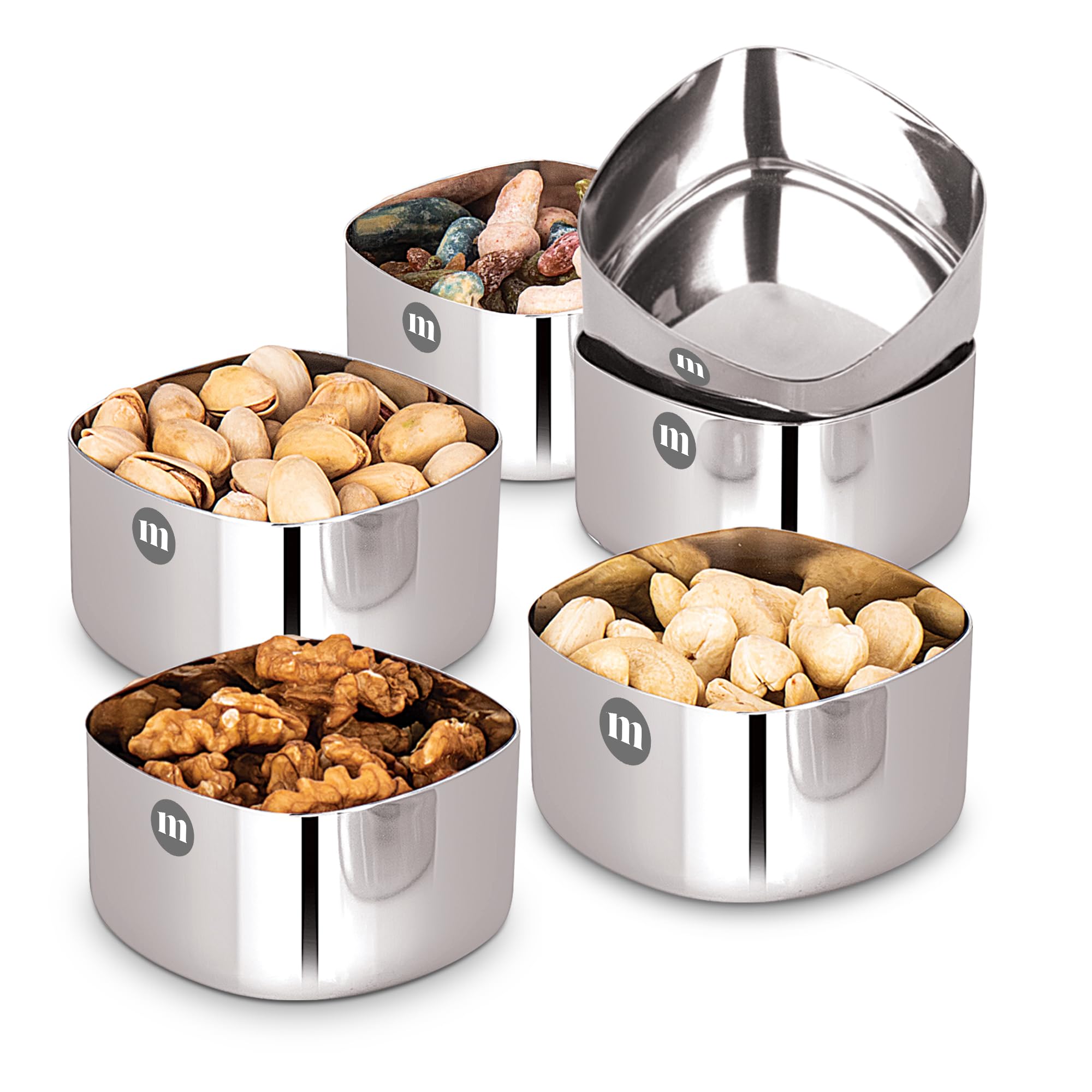 MARU Square Bowls for Kitchen, Stainless Steel Katori Set of 6-200ml Each, Durable Steel Bowls for Kitchen, Serving Bowl Silver Bowl Set