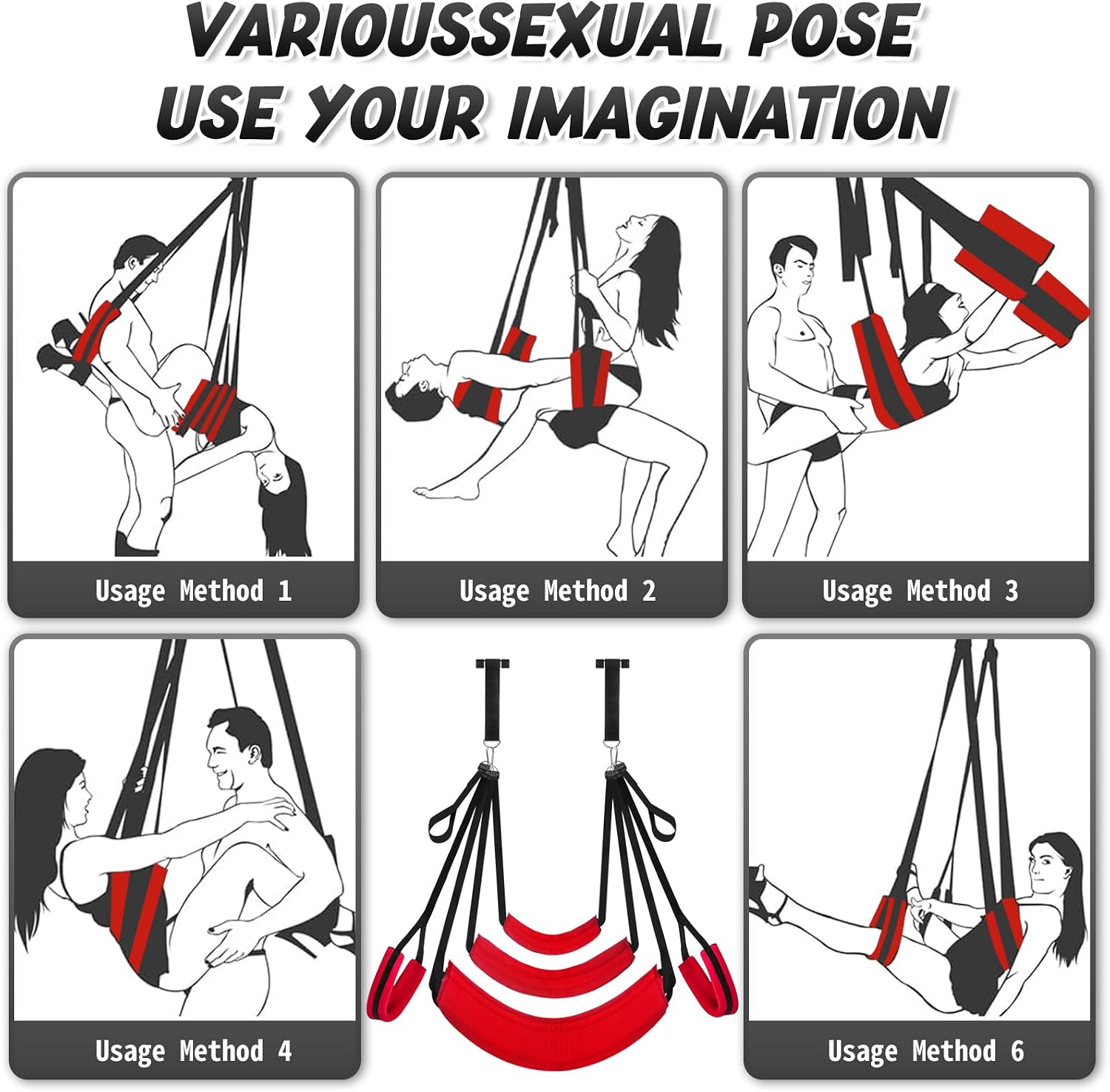 Sex Swing Adjustable BDSM Toys Sex Straps with Super Widened Seat Adjustable Sex Furniture for Women's Pleasure Adult Sex Games Strong Support up to 800lbs Sex Toys for Adults-Red